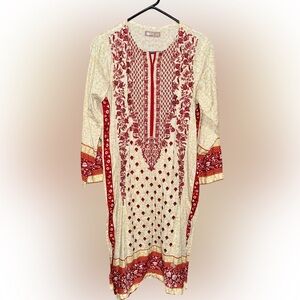 Oaks women's Elegant Red and Cream Kurta Long Sleeve Dress